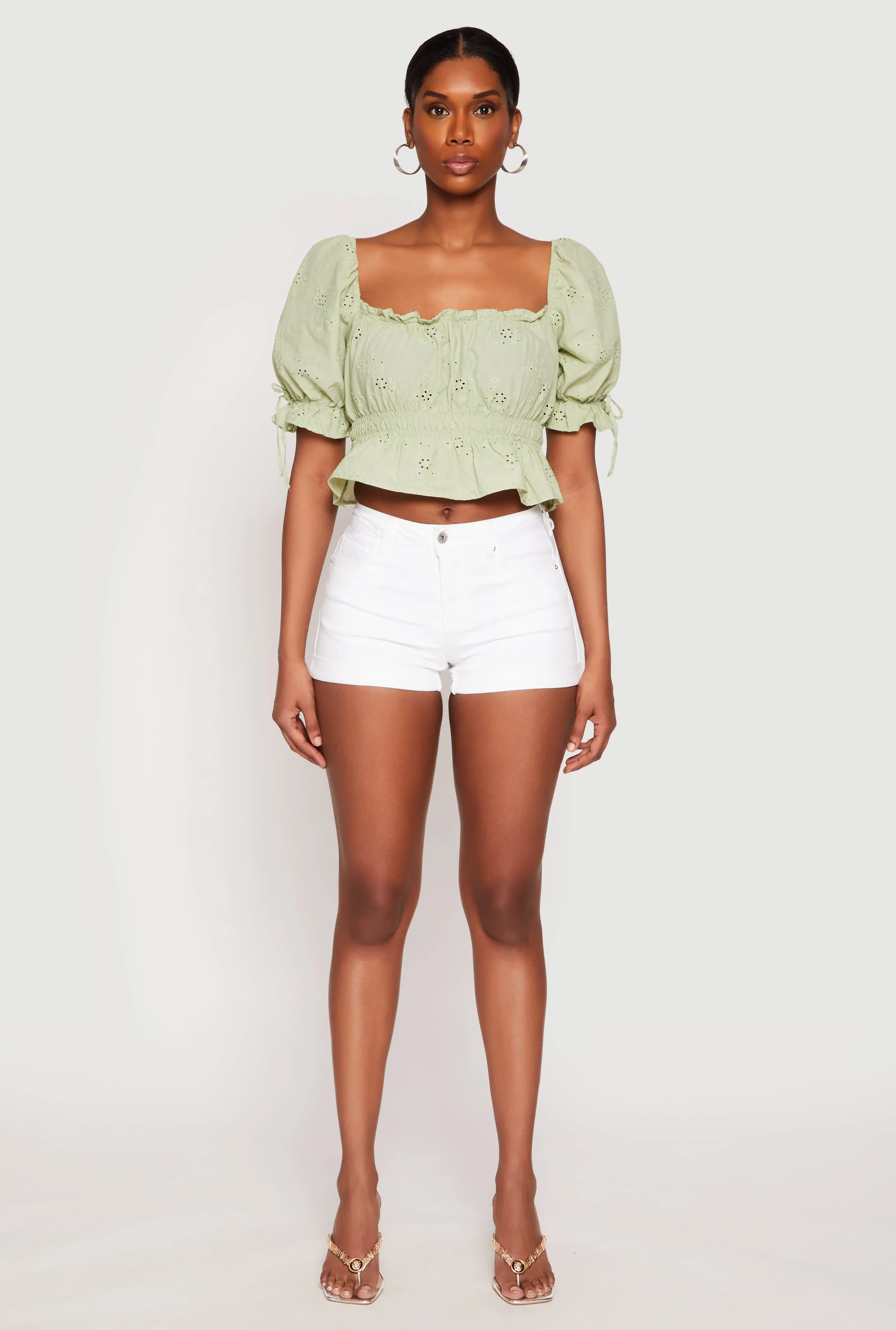 Eyelet Puff Sleeve Peplum Crop Top sold by Rainbow