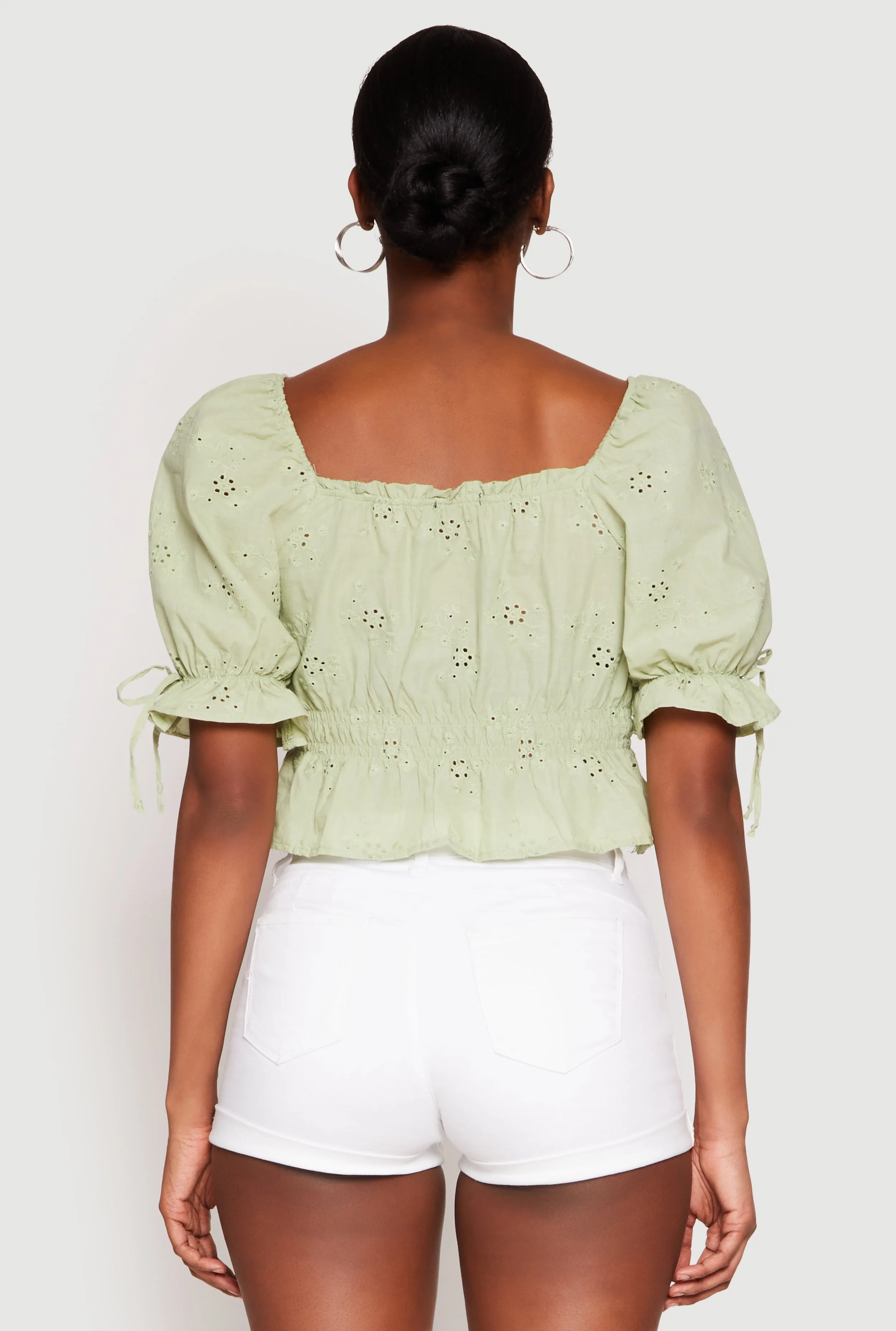 Eyelet Puff Sleeve Peplum Crop Top sold by Rainbow product image thumbnail 5