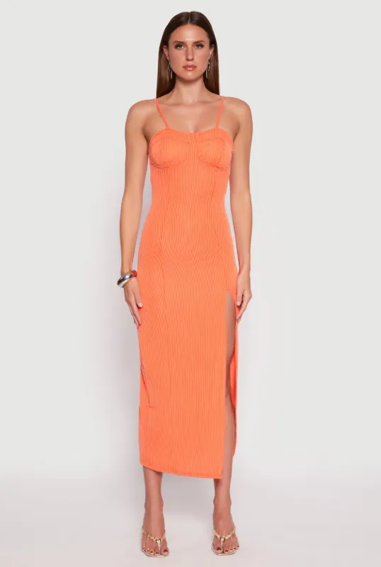 Ribbed Knit Side Slit Bustier Maxi Dress sold by Rainbow