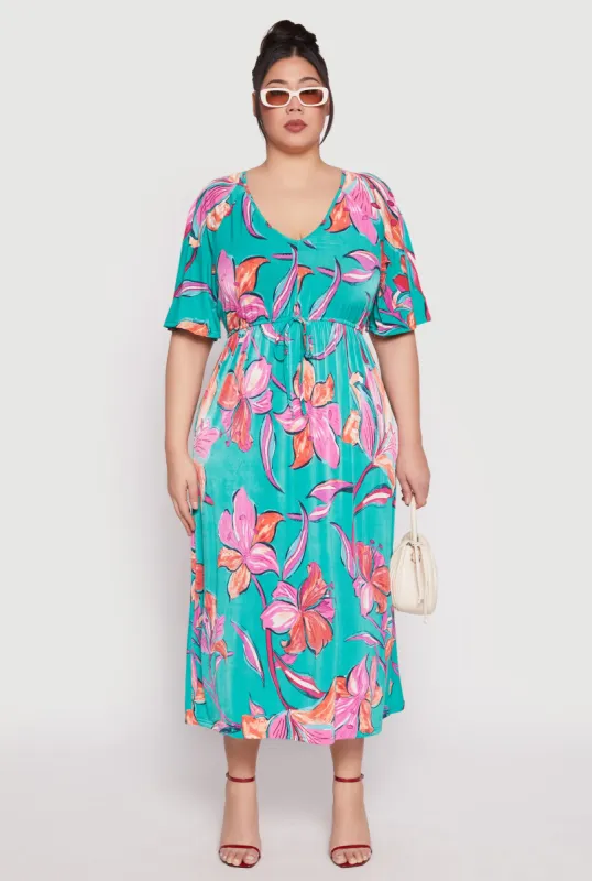 Plus Size Floral Print Flutter Sleeve Midi Dress sold by Rainbow