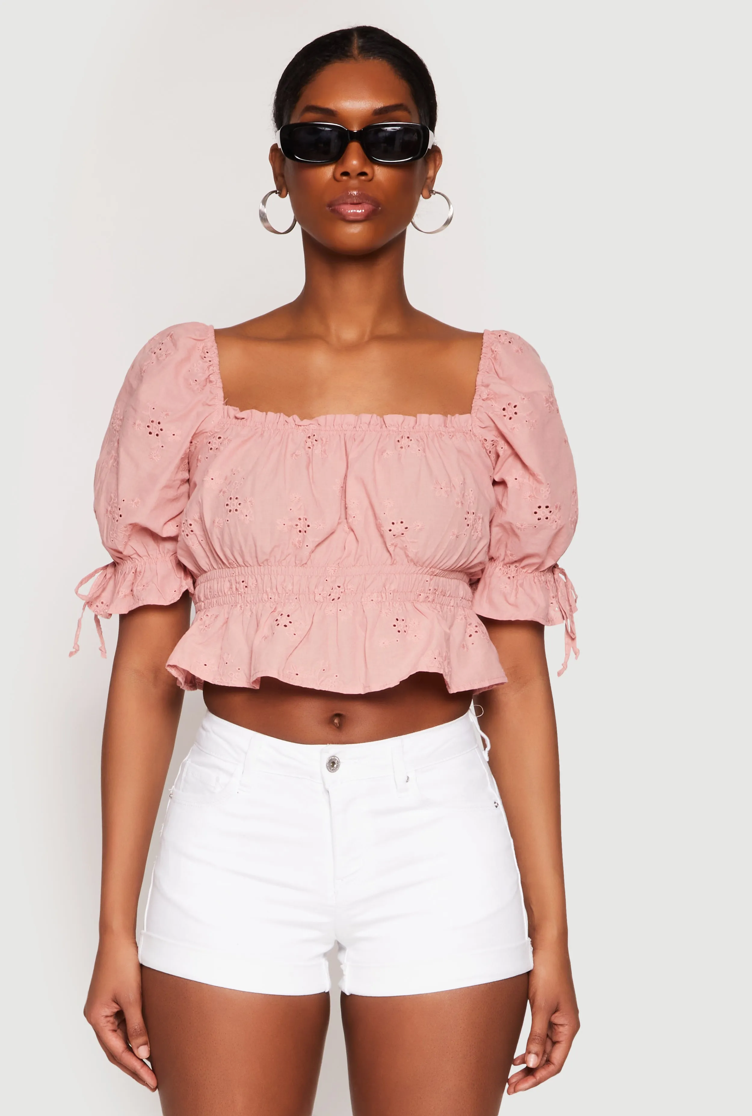 Eyelet Puff Sleeve Peplum Crop Top sold by Rainbow product image thumbnail 2