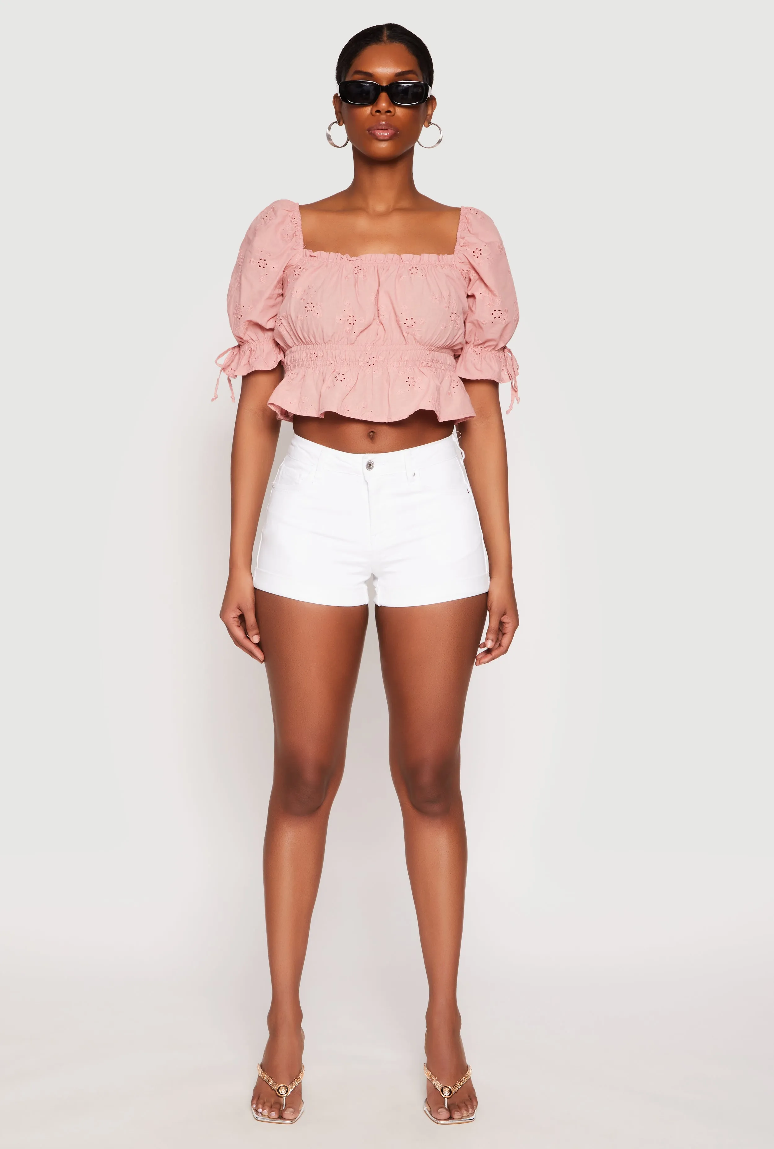 Eyelet Puff Sleeve Peplum Crop Top sold by Rainbow