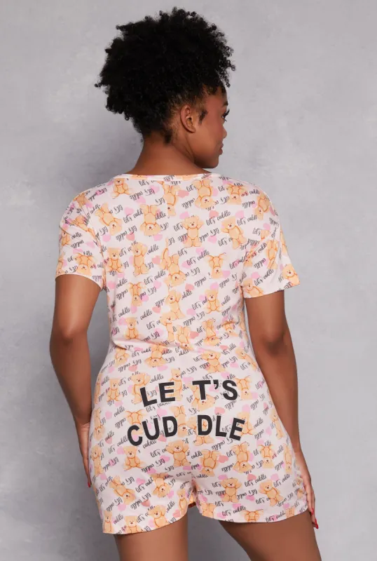Plus Size Lets Cuddle Bear Print Pajama Romper sold by Rainbow