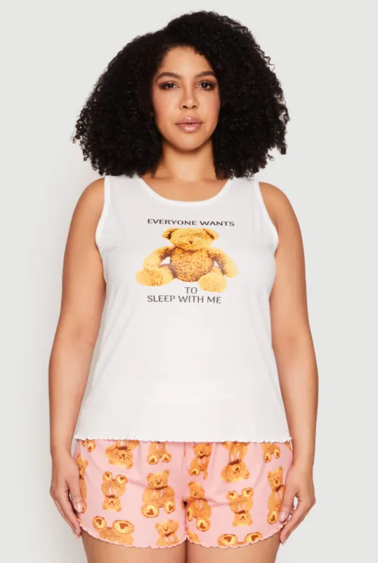 Plus Size Teddy Bear Graphic Pajama Tank Top and Shorts sold by Rainbow
