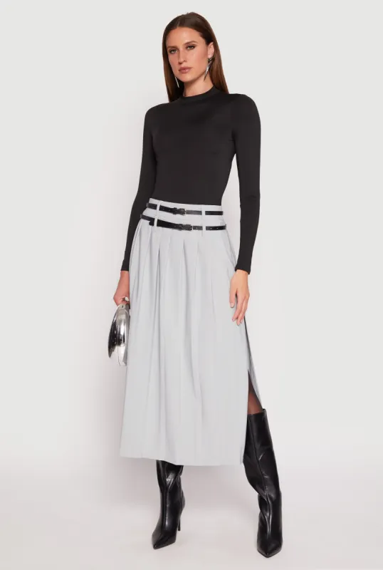 Double Belted Side Slit Pleated Skirt sold by Rainbow