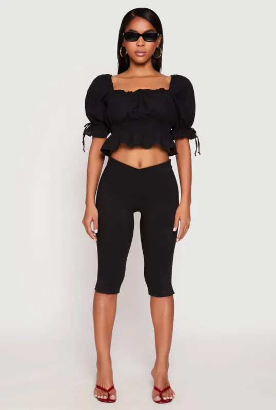 Eyelet Puff Sleeve Peplum Crop Top sold by Rainbow
