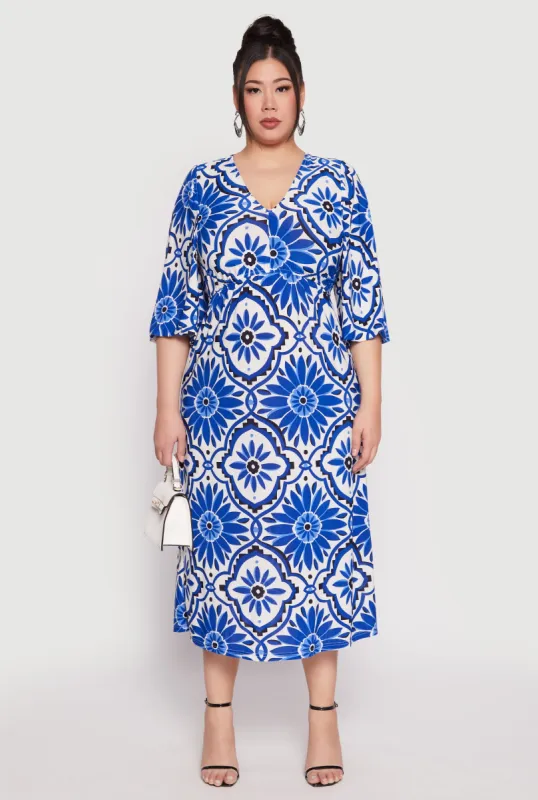 Plus Size Floral Print Bubble Sleeve Midi Dress sold by Rainbow
