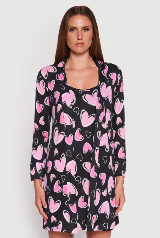 Ribbed Knit Heart Print Cami Nightgown and Robe sold by Rainbow