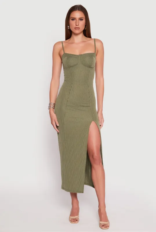 Ribbed Knit Side Slit Bustier Maxi Dress sold by Rainbow