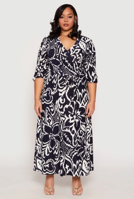 Plus Size Abstract Floral Print Faux Wrap Dress sold by Rainbow
