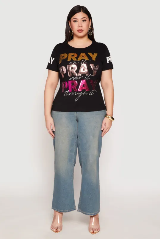 Plus Size Pray Sequin Graphic T Shirt sold by Rainbow