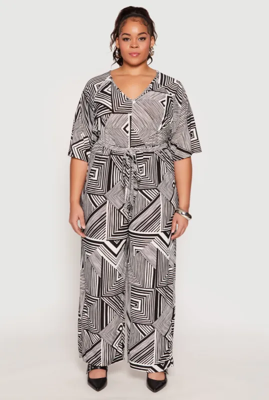 Plus Size Geometric Print Belted Jumpsuit sold by Rainbow