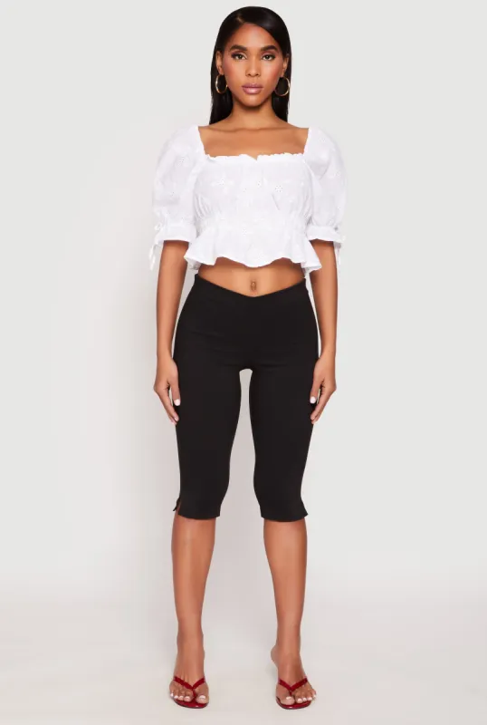 Eyelet Puff Sleeve Peplum Crop Top sold by Rainbow