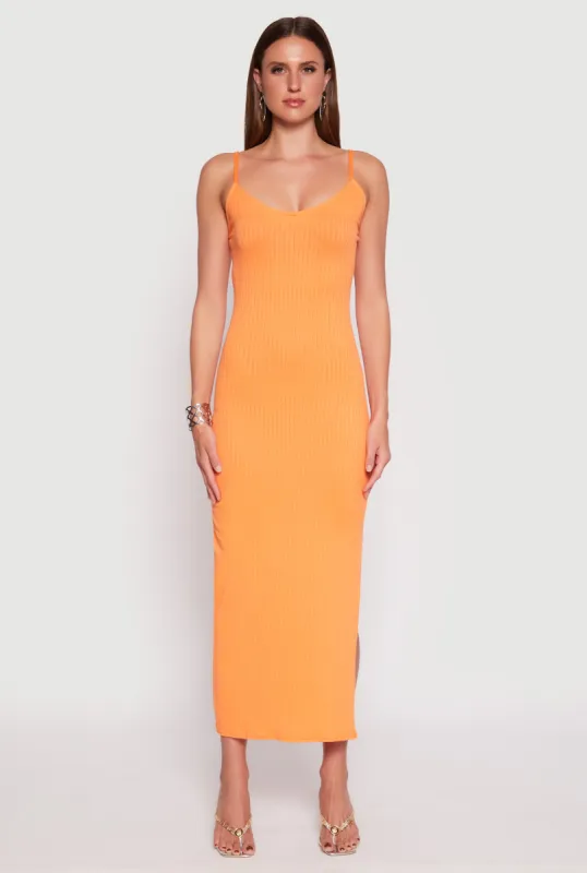 Ribbed Knit Side Slit Maxi Dress sold by Rainbow