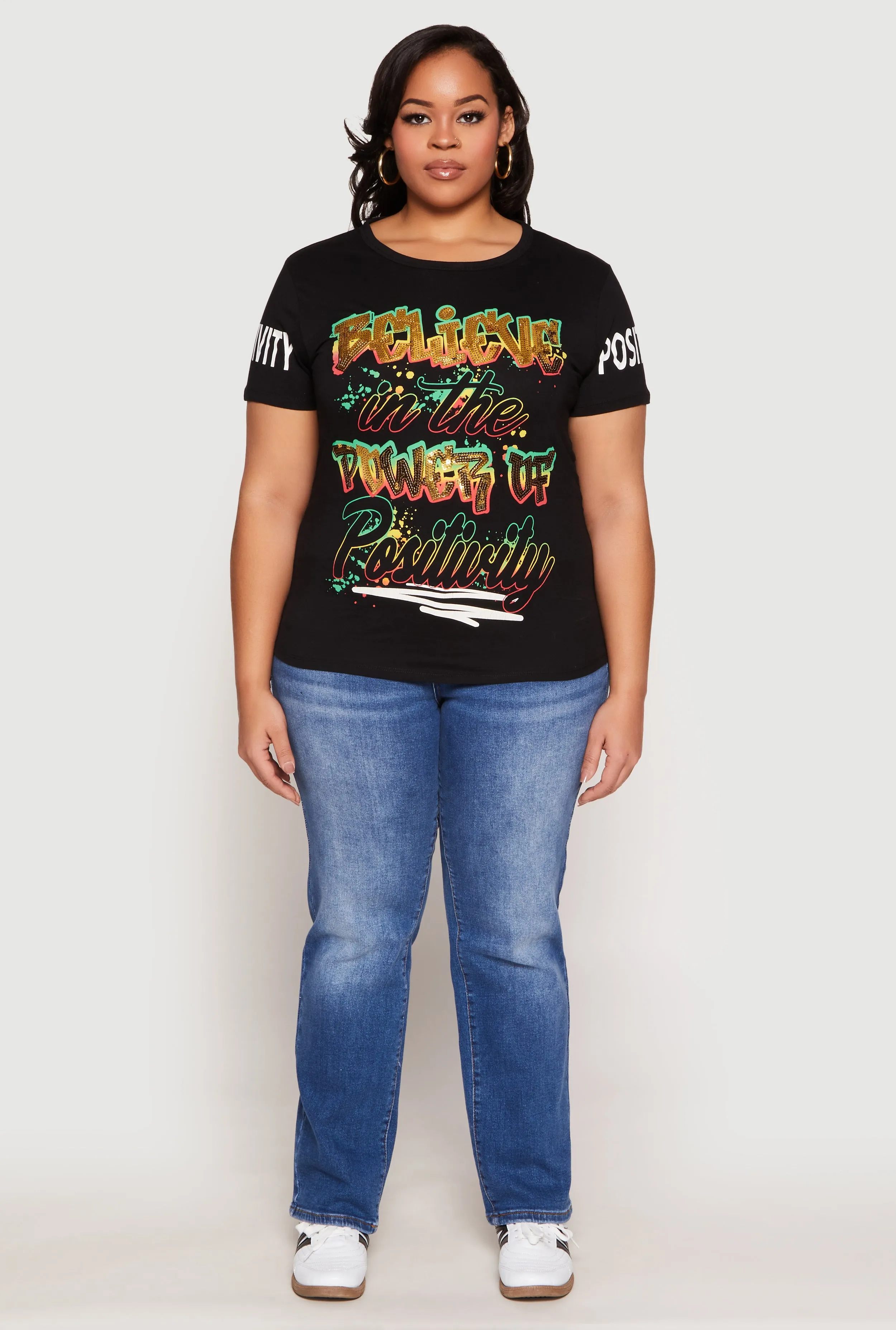 Plus Size Sequin Believe Graphic Tee sold by Rainbow