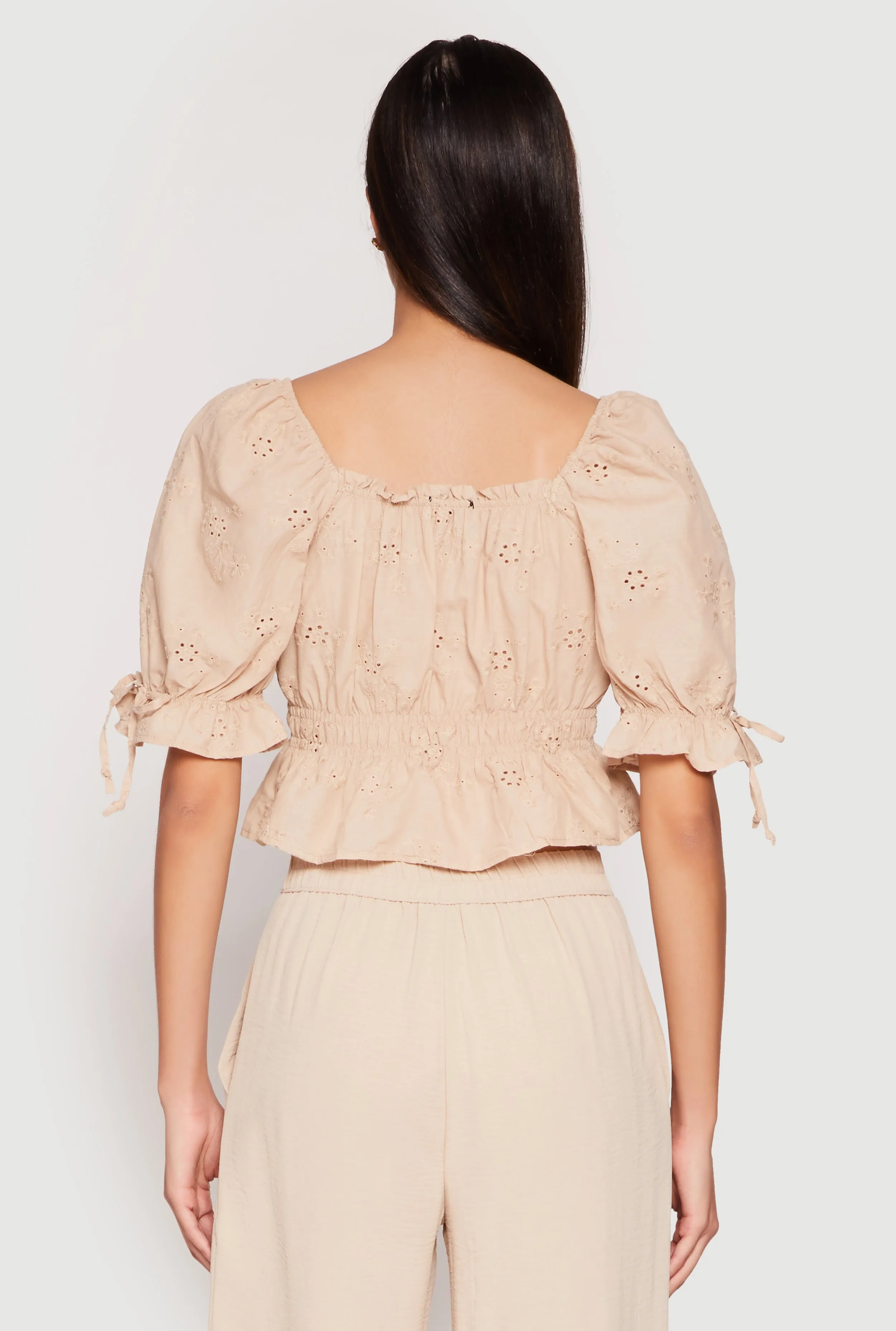 Eyelet Puff Sleeve Peplum Crop Top sold by Rainbow product image thumbnail 5