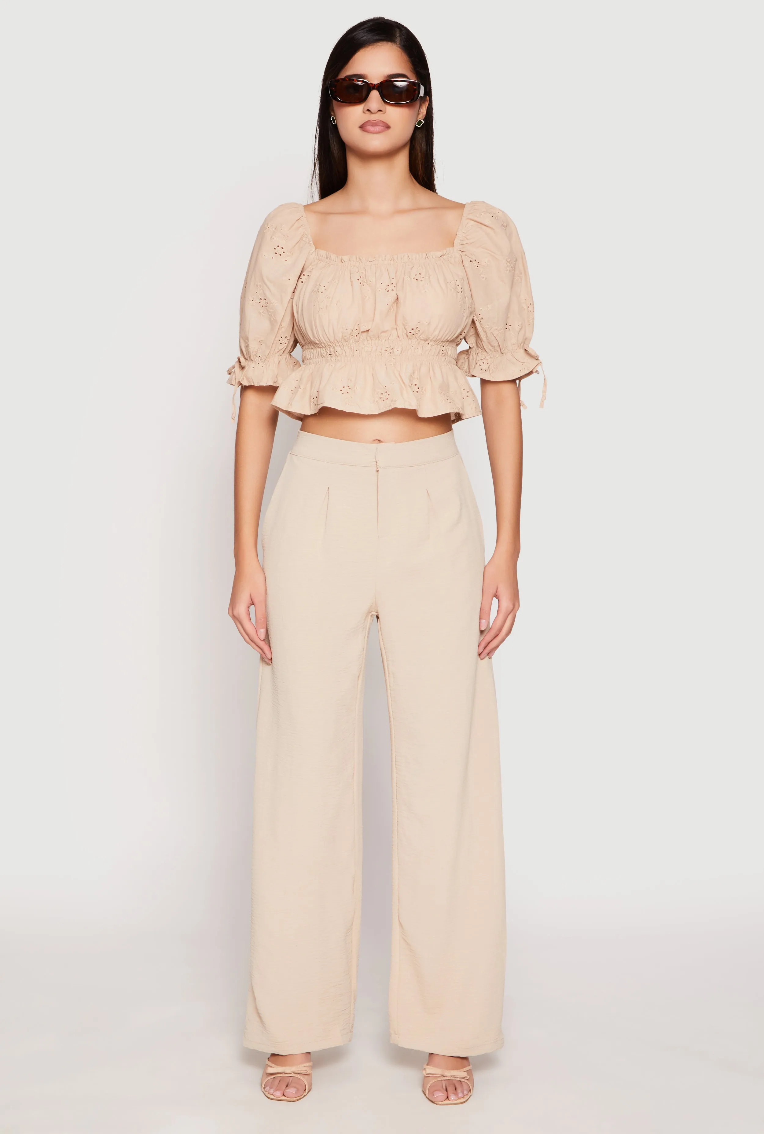 Eyelet Puff Sleeve Peplum Crop Top sold by Rainbow