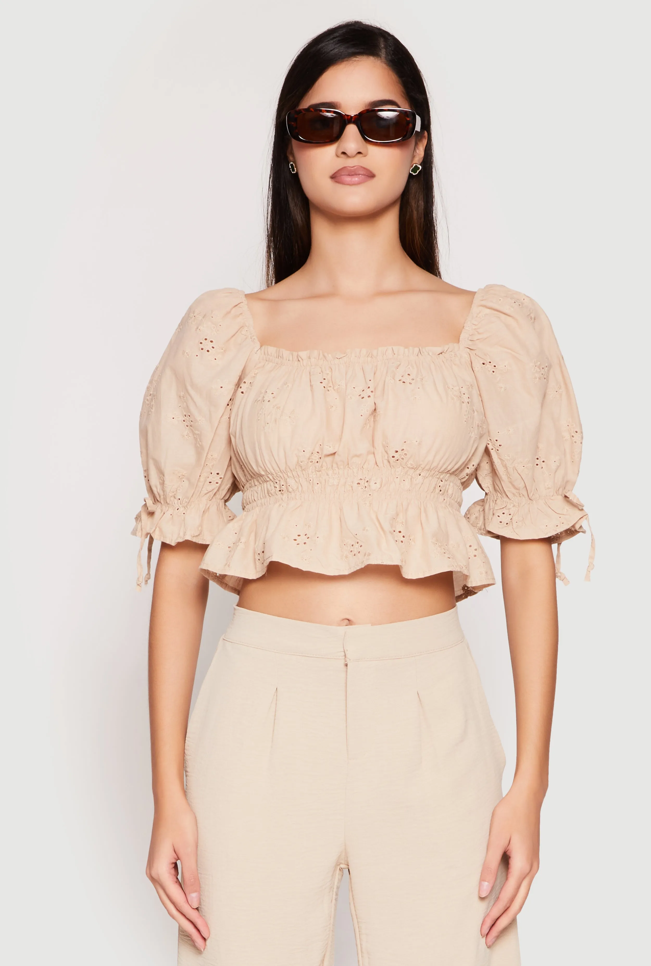 Eyelet Puff Sleeve Peplum Crop Top sold by Rainbow product image thumbnail 2