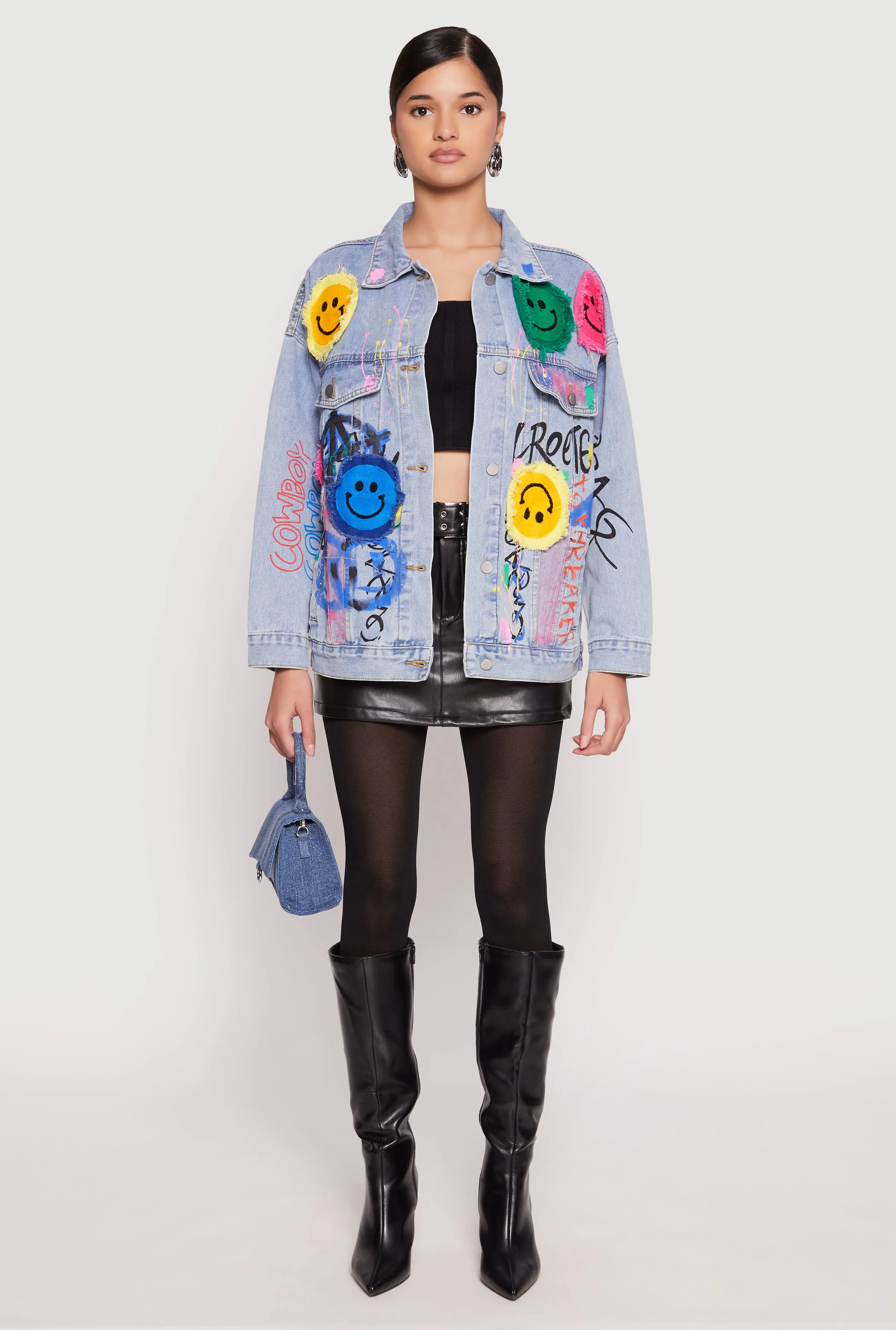 Daisy Smiley Face Patch Graffiti Denim Jacket sold by Rainbow