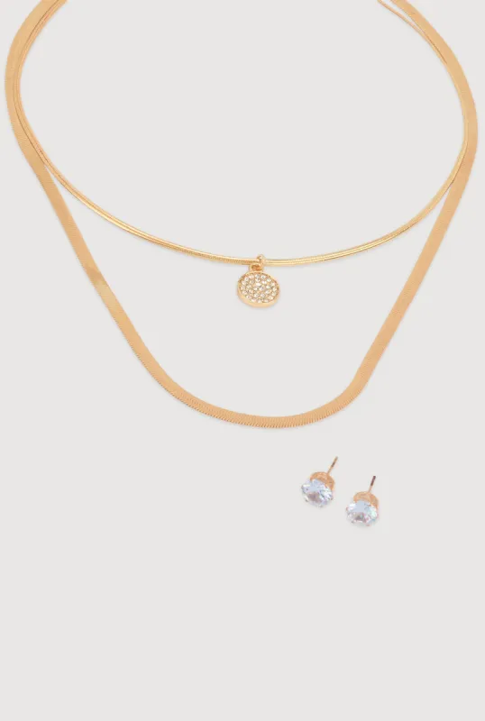 Cubic Zirconia Layered Flat Necklace and Stud Earrings sold by Rainbow