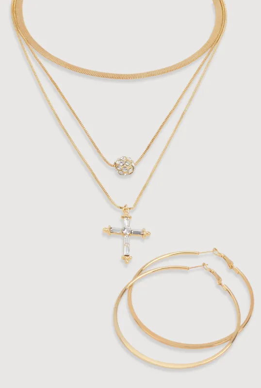 Cubic Zirconia Cross Layered Necklace and Hoop Earrings sold by Rainbow