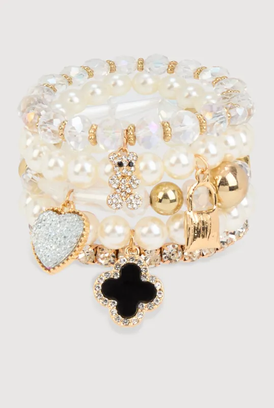 Faux Pearl Beaded Stretch Charm Bracelets Set of 5 sold by Rainbow