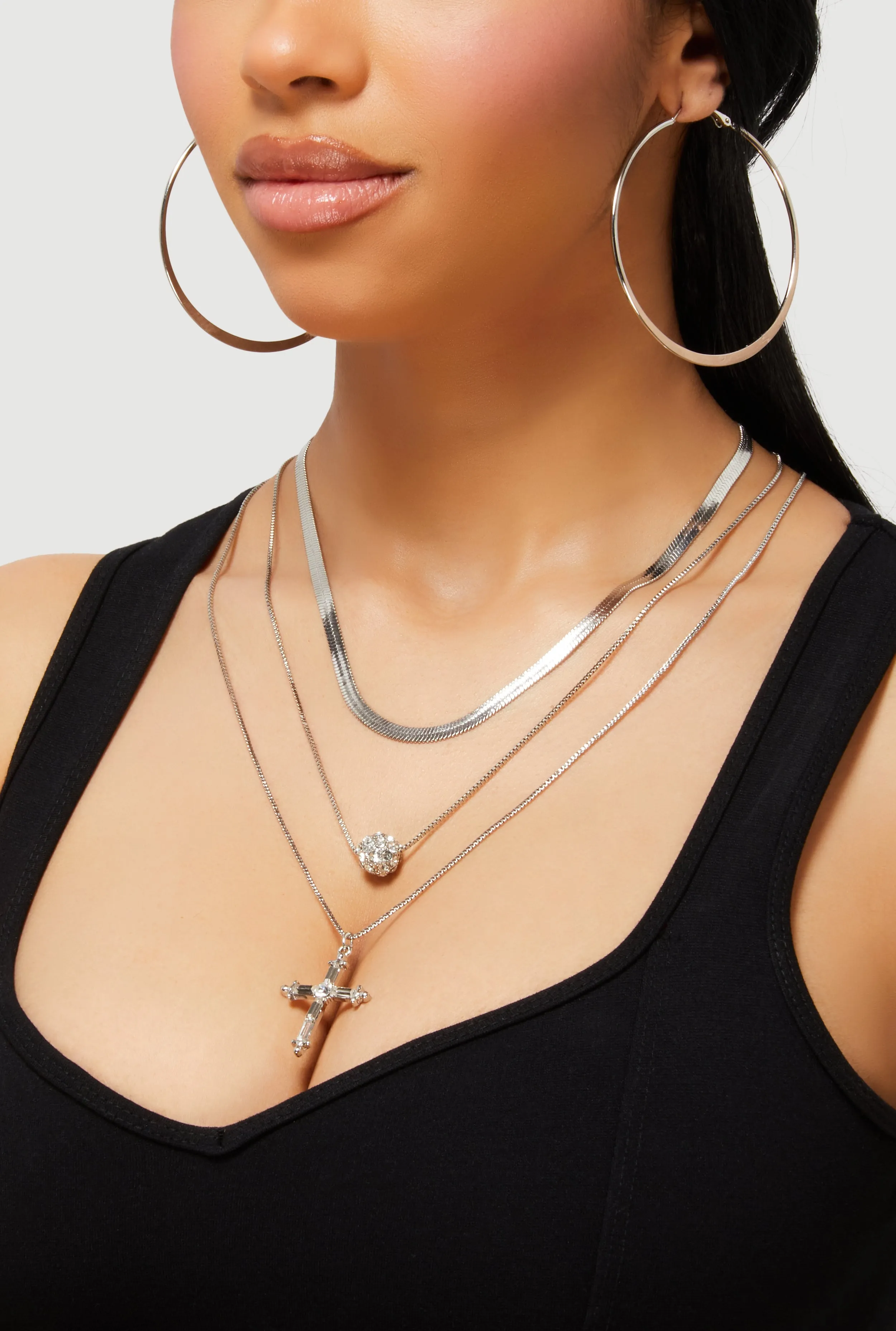 Cubic Zirconia Cross Layered Necklace and Hoop Earrings sold by Rainbow product image thumbnail 2