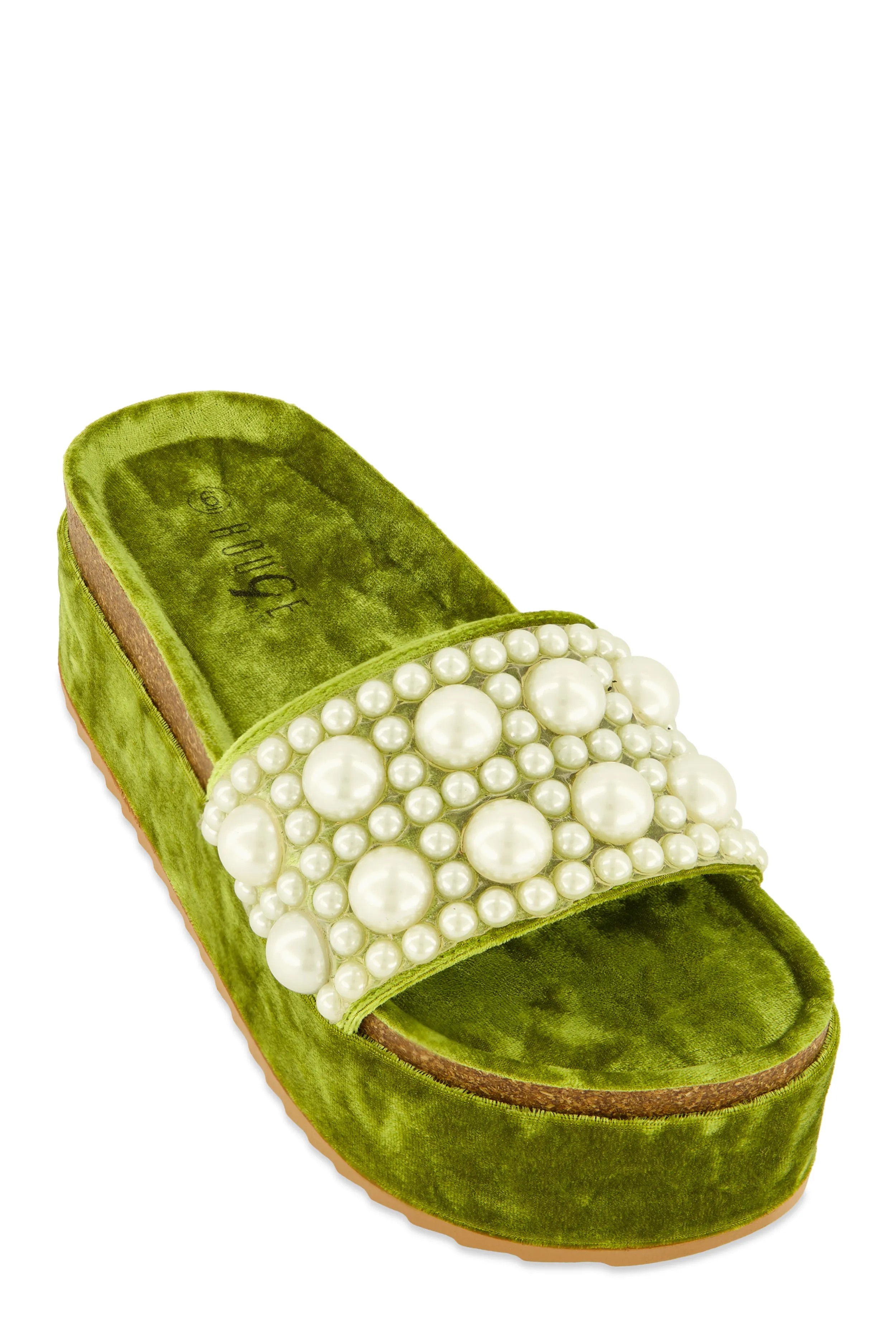 Velvet Faux Pearl Band Platform Slide Sandals sold by Rainbow