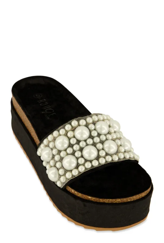 Velvet Faux Pearl Band Platform Slide Sandals sold by Rainbow