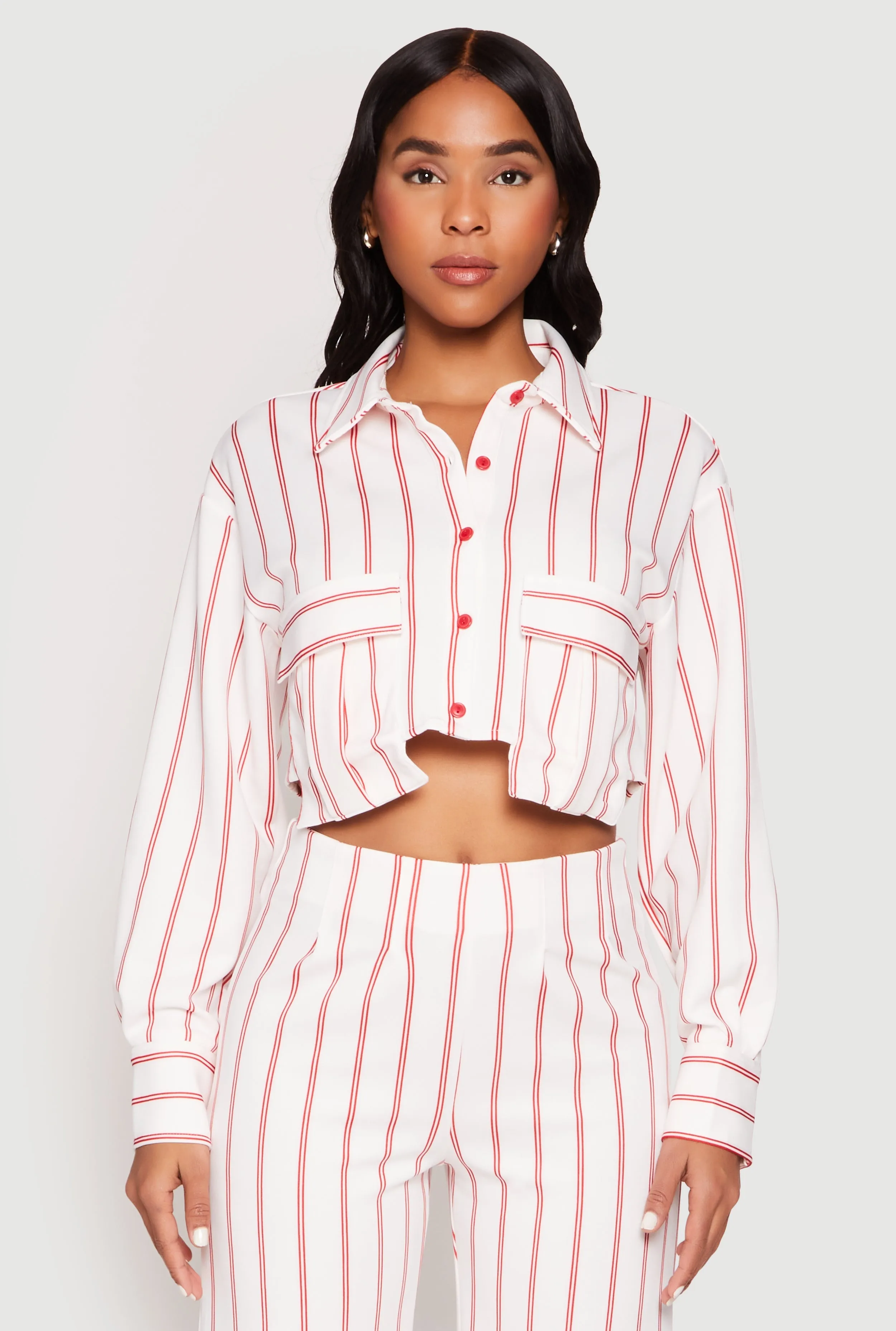 Striped Pocket Cropped Button Front Shirt sold by Rainbow