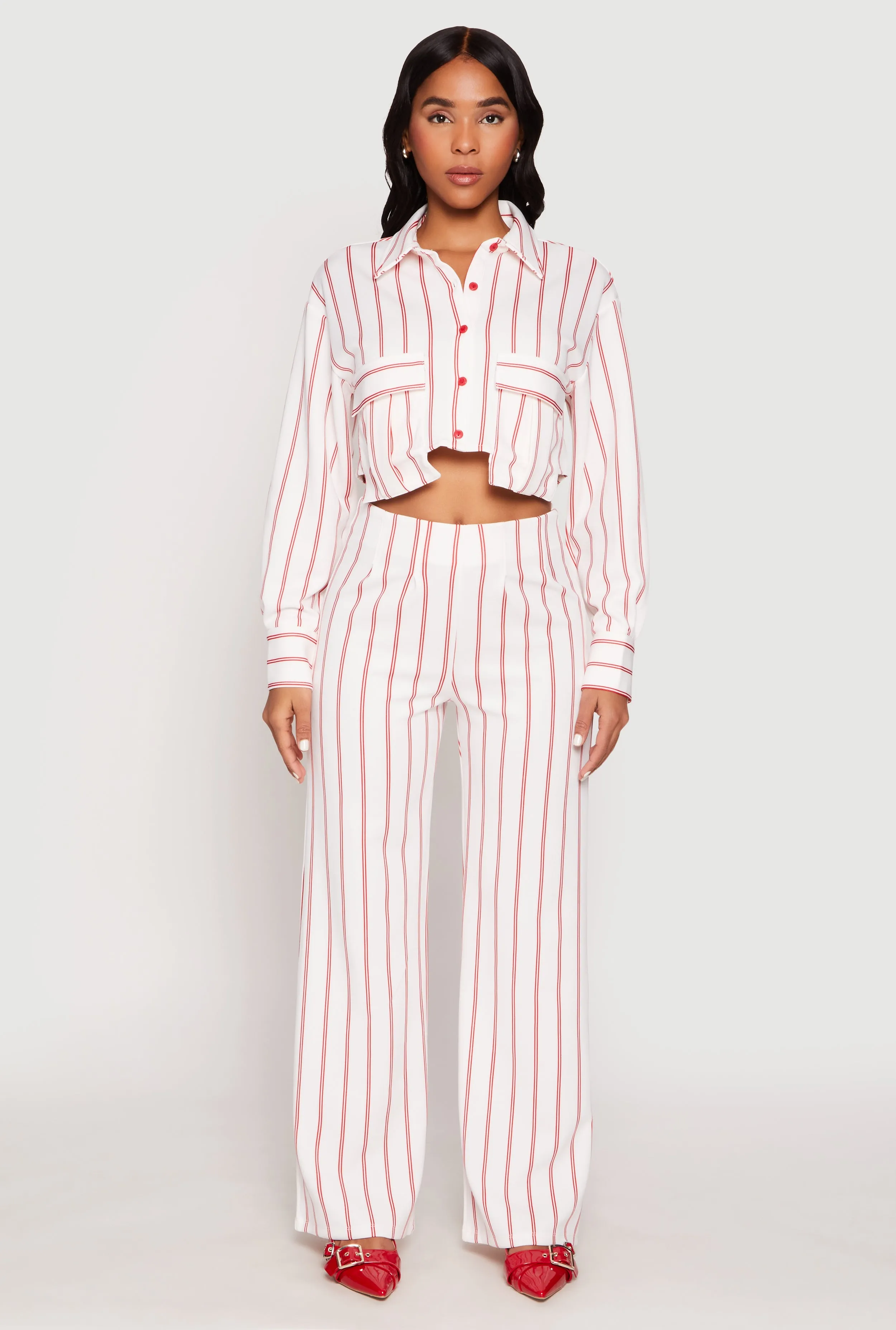 Striped Pocket Cropped Button Front Shirt sold by Rainbow product image thumbnail 2