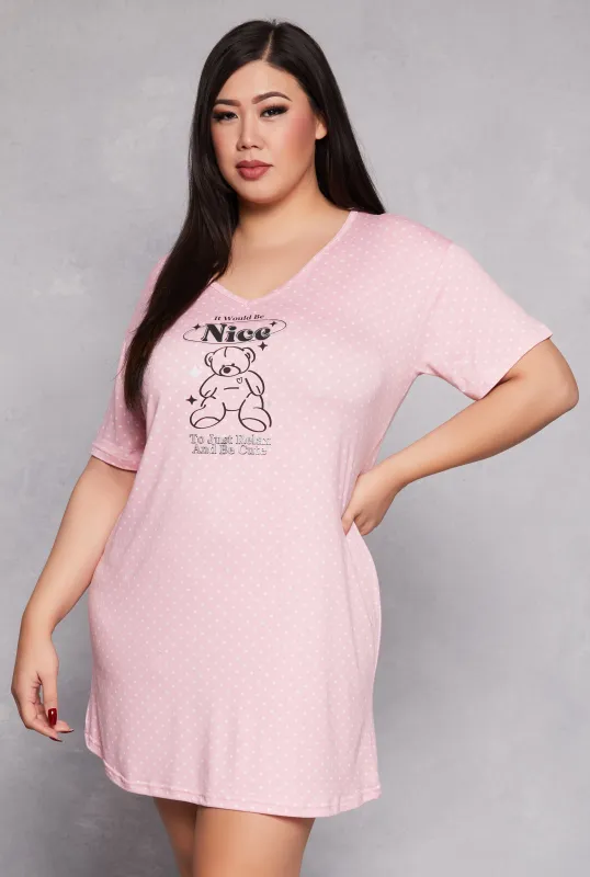 Plus Size Polka Dot Teddy Bear Graphic Sleepshirt sold by Rainbow