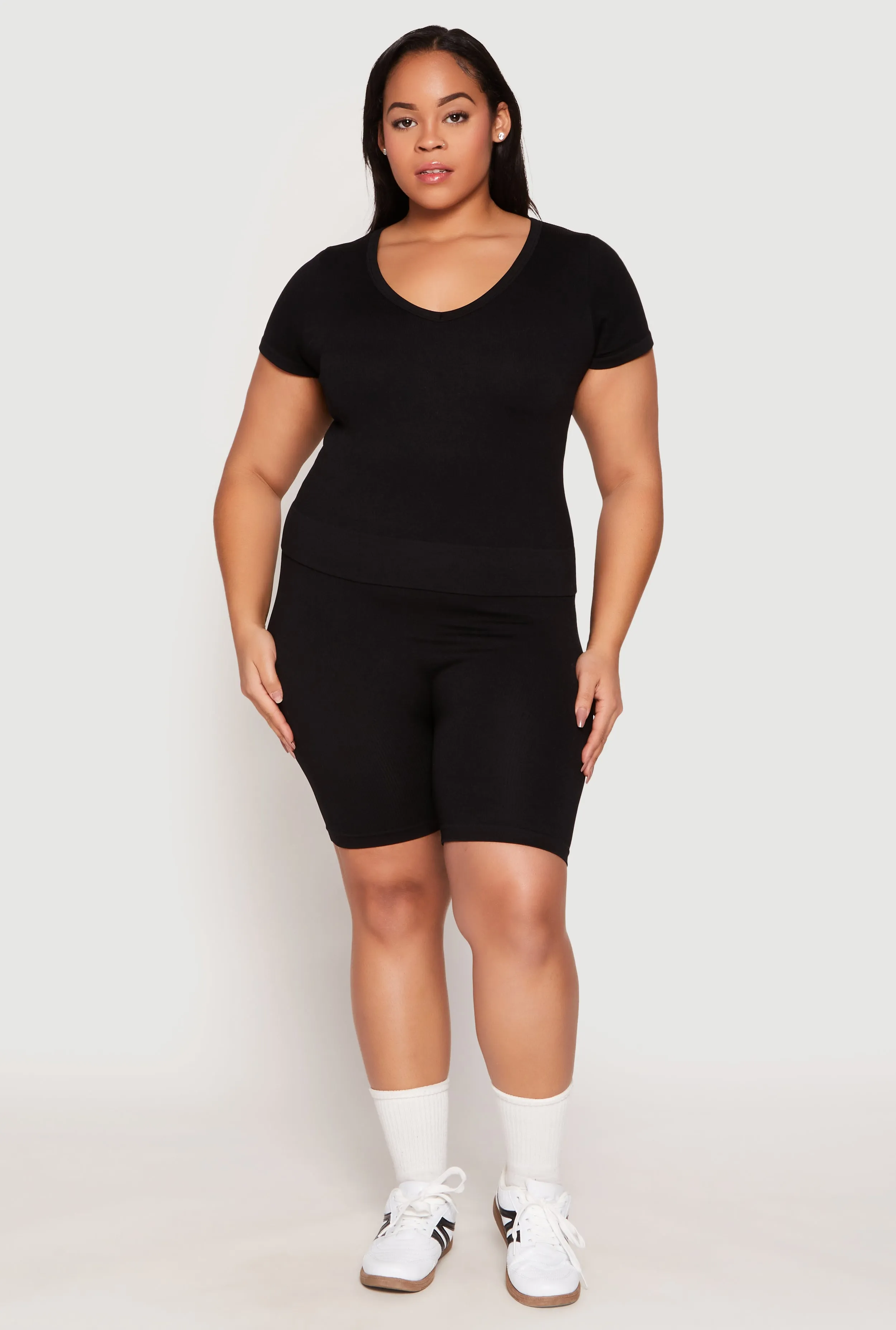 Plus Size Seamless V Neck Top and Biker Shorts Set sold by Rainbow