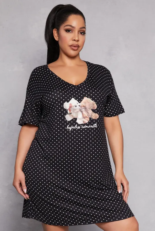 Plus Size Polka Dot Teddy Bear Graphic Sleepshirt sold by Rainbow