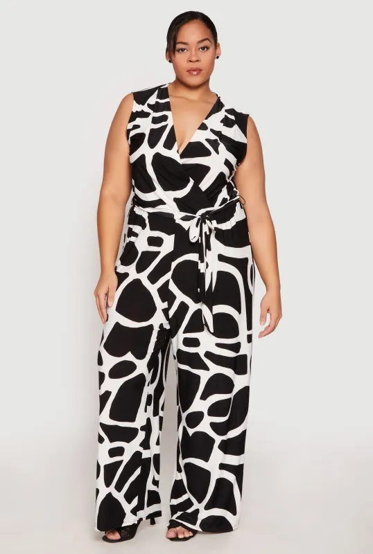 Plus Size Printed Wide Leg Faux Wrap Jumpsuit sold by Rainbow