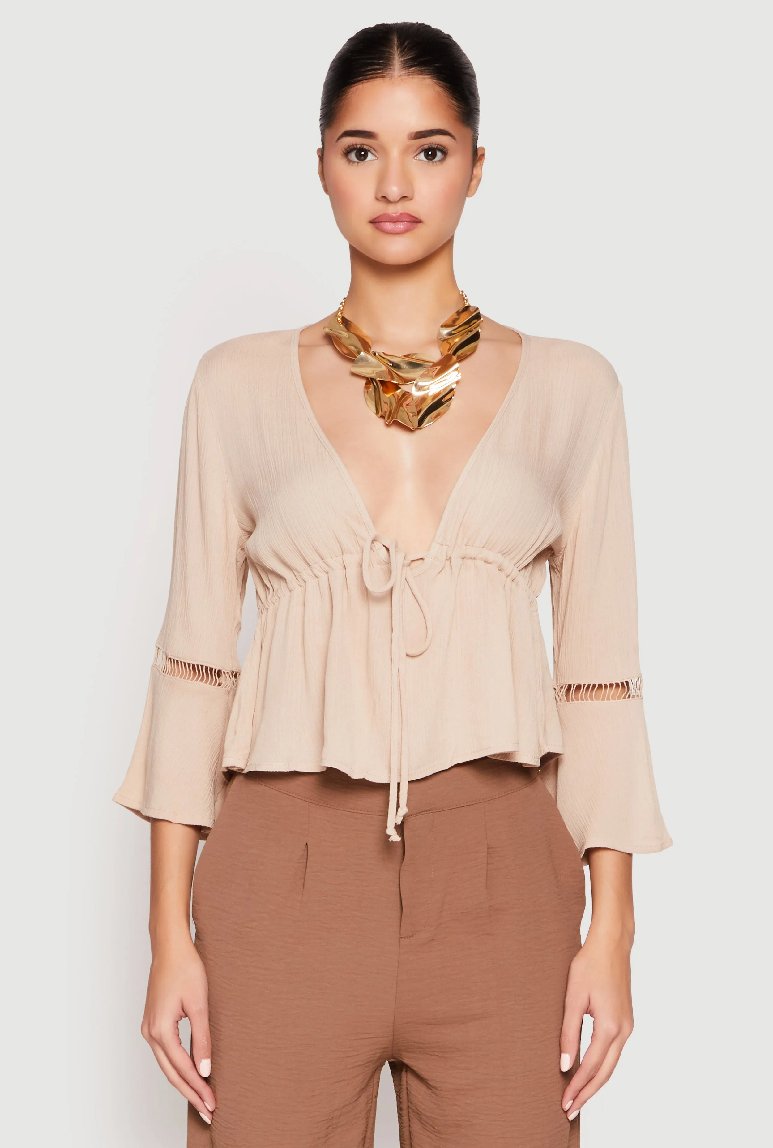 Gauze Knit Tie Front Keyhole Blouse sold by Rainbow product image thumbnail 2