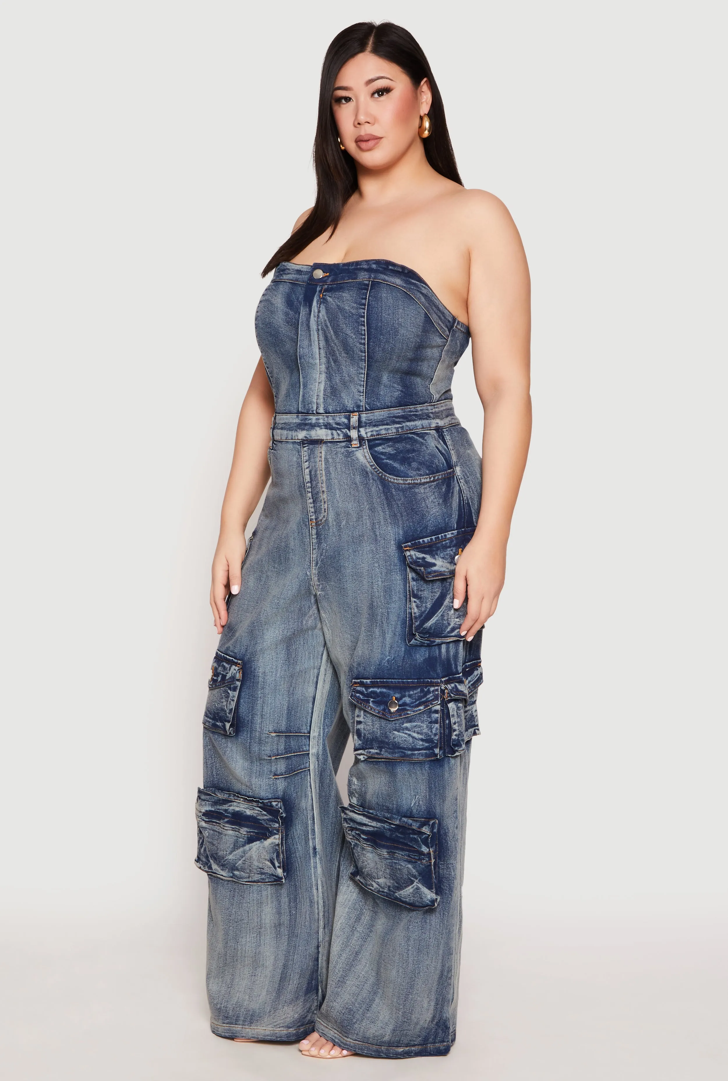Plus Size Spoon Jeans Strapless Denim Cargo Jumpsuit sold by Rainbow product image thumbnail 2