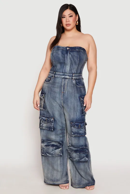 Plus Size Spoon Jeans Strapless Denim Cargo Jumpsuit sold by Rainbow