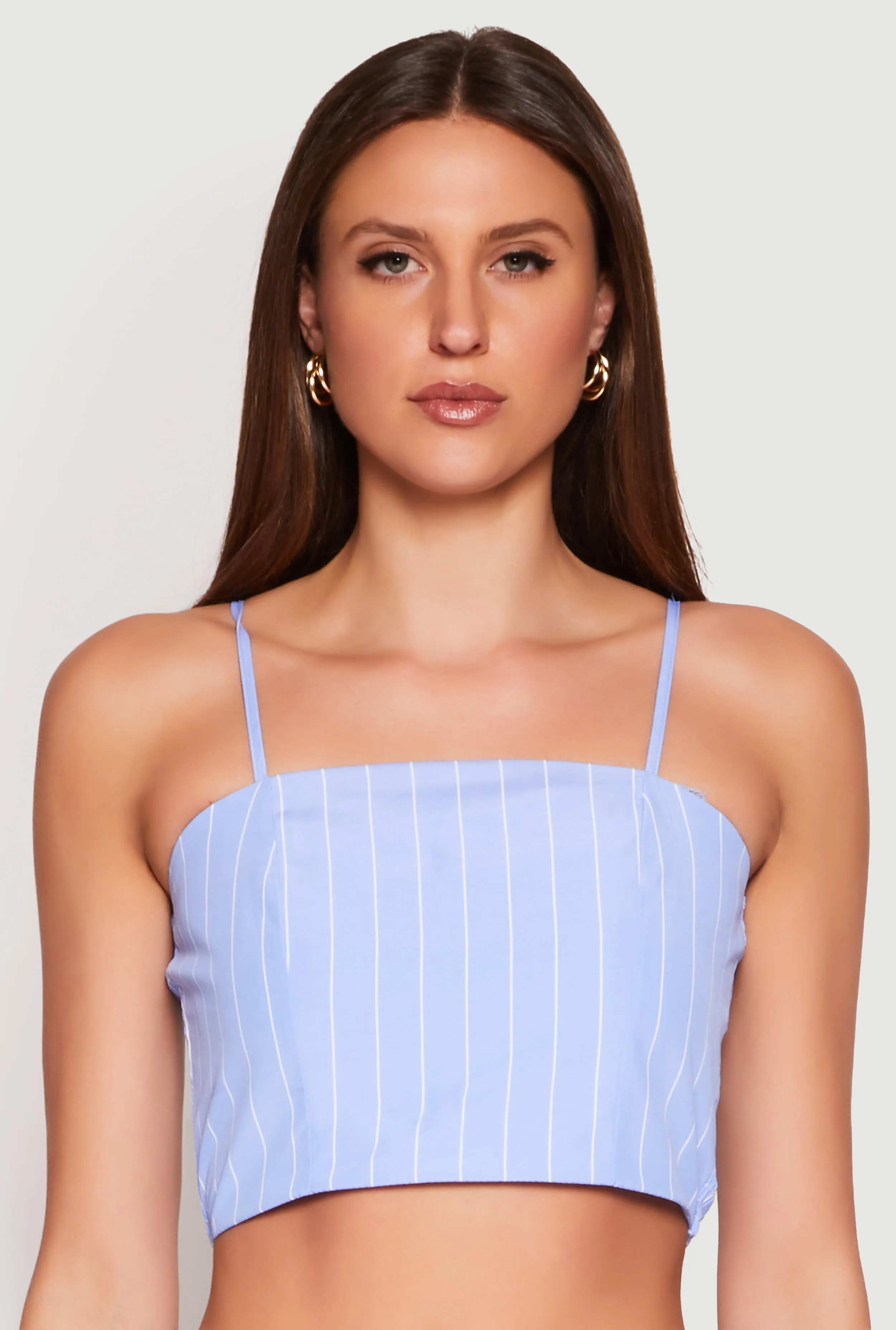 Almost Famous Pinstripe Poplin Smocked Back Cami sold by Rainbow