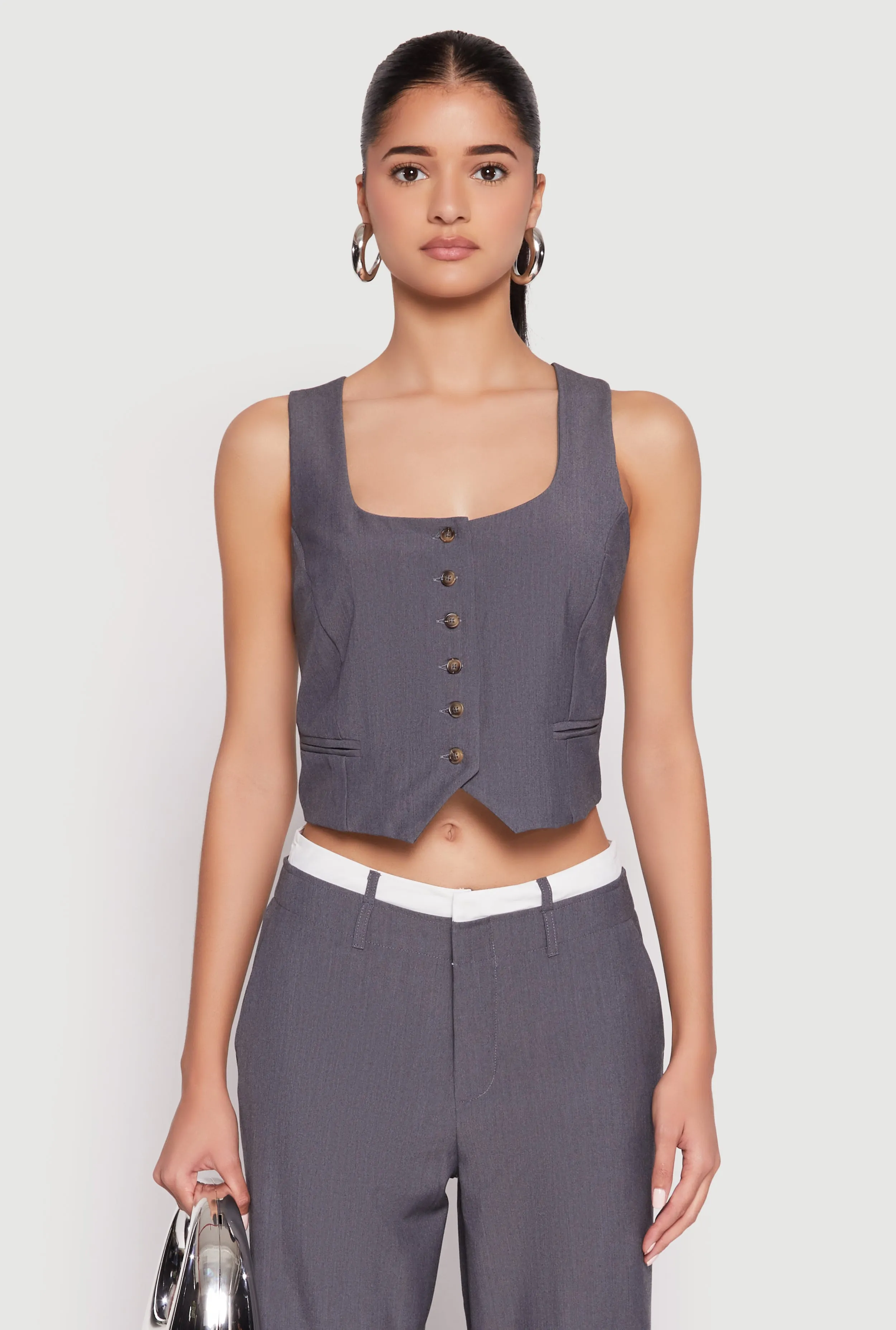 Square Neck Button Front Cropped Blazer Vest sold by Rainbow