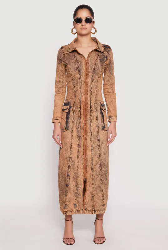 Denim Acid Wash Zip Front Maxi Dress sold by Rainbow