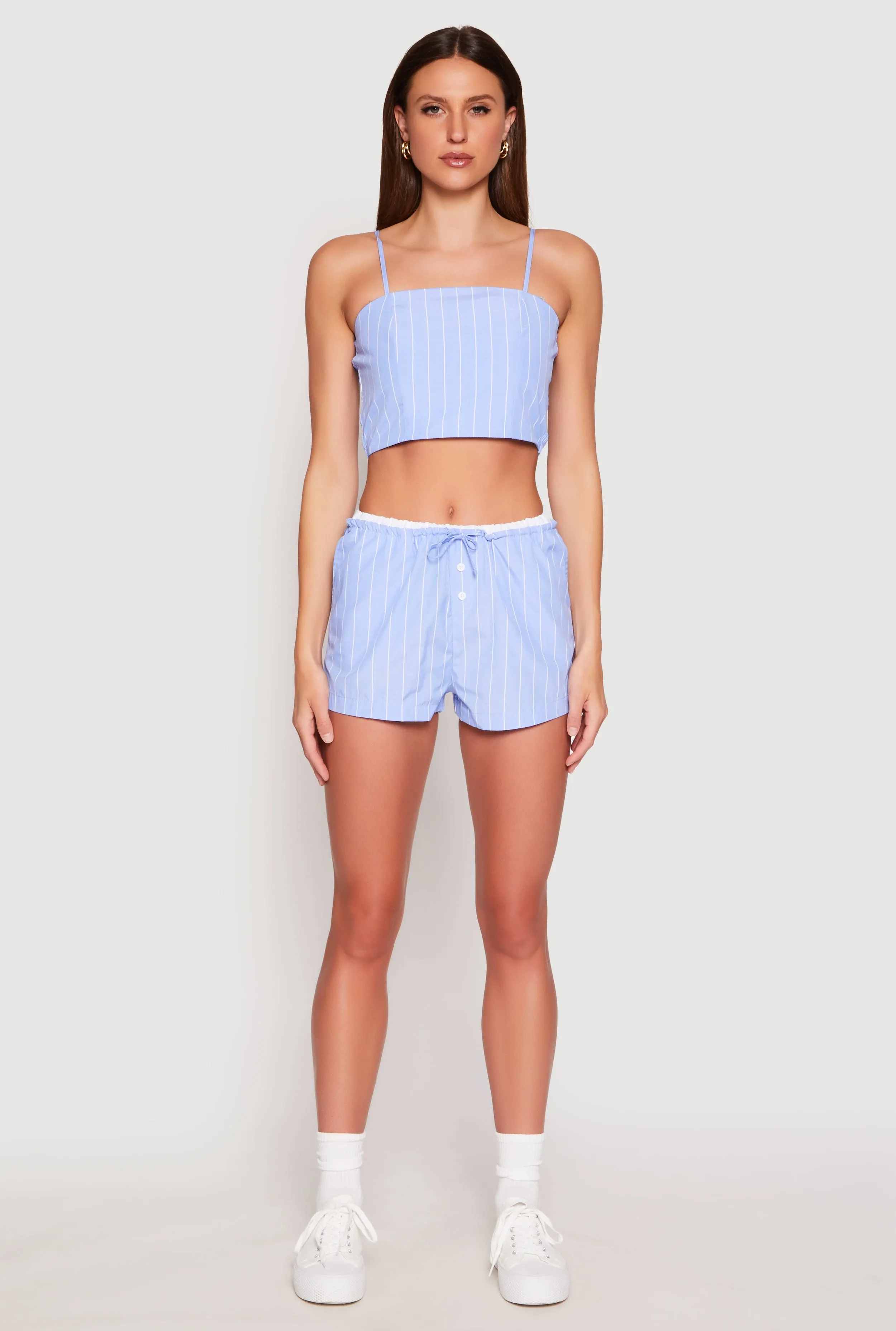 Almost Famous Pinstripe Contrast Waistband Shorts sold by Rainbow