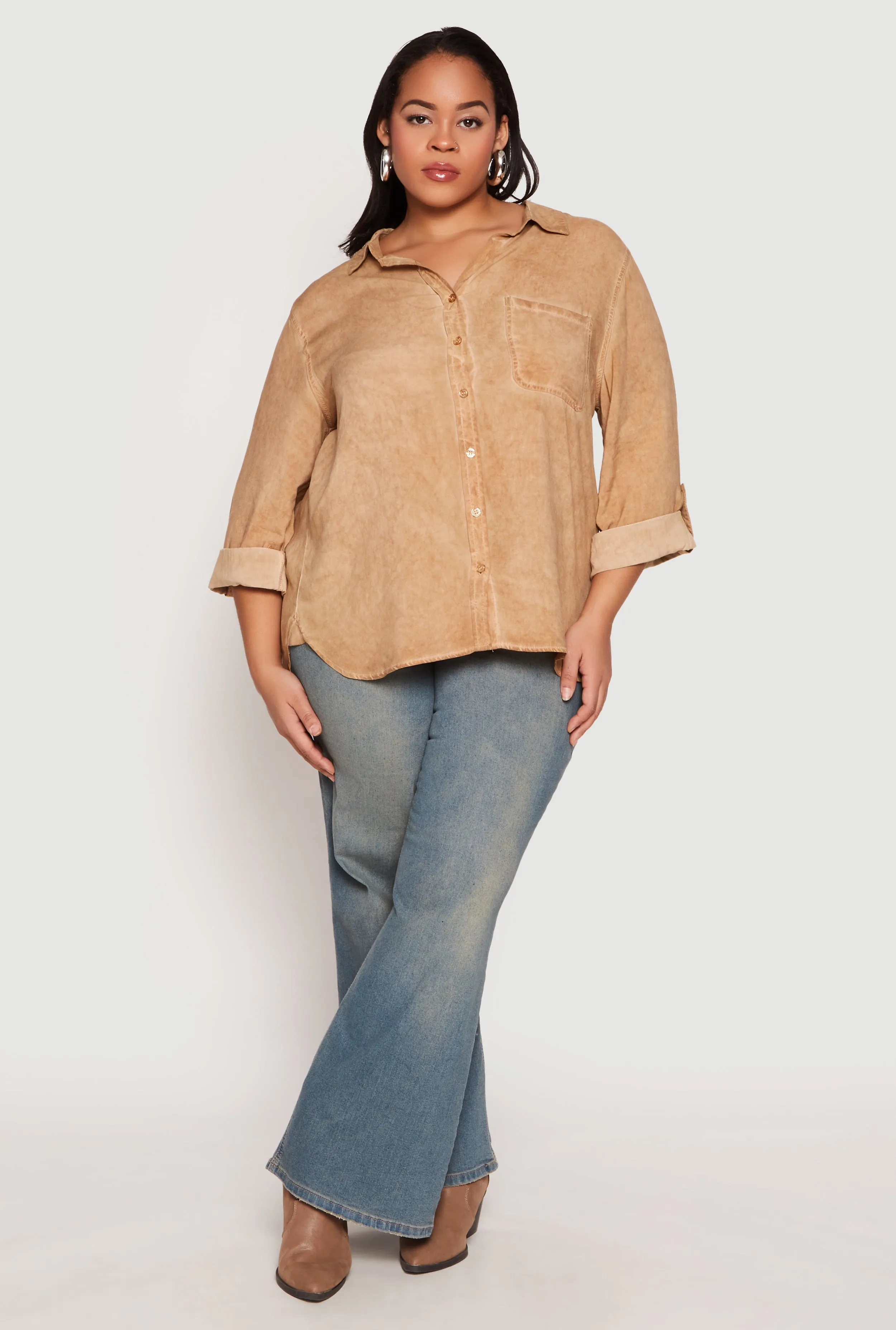 Plus Size Acid Wash Button Front Shirt sold by Rainbow
