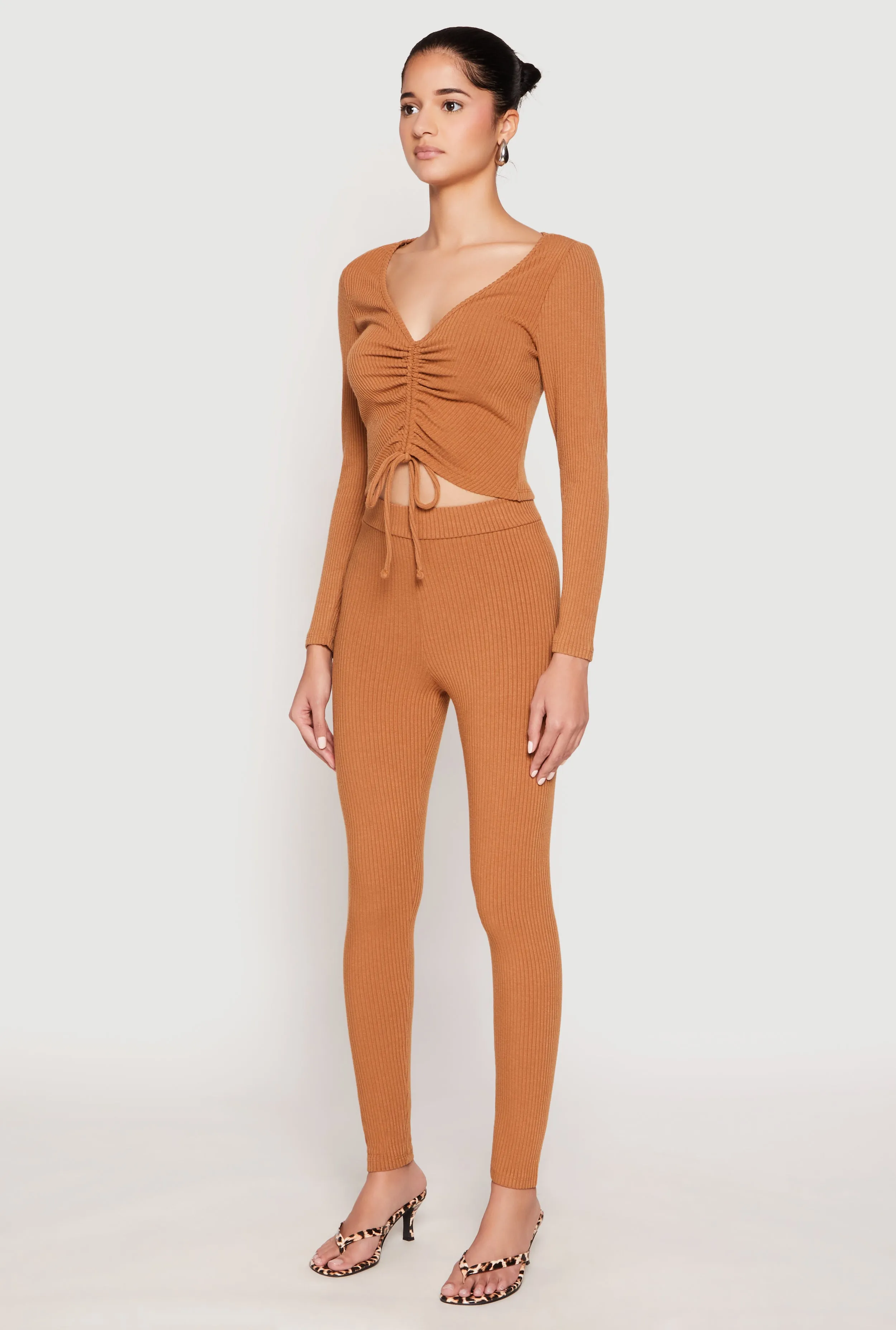 Rib Knit Drawstring Front Ruched Crop Top sold by Rainbow product image thumbnail 3