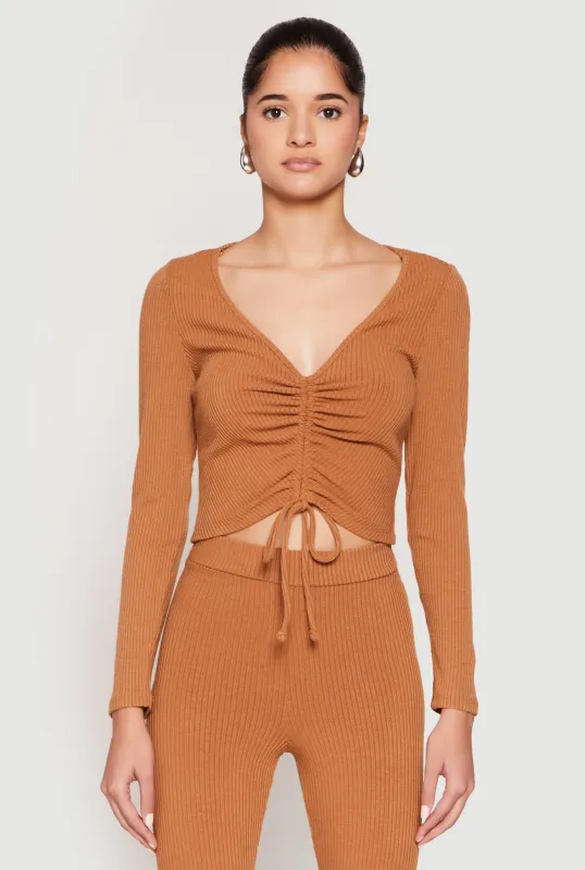 Rib Knit Drawstring Front Ruched Crop Top sold by Rainbow