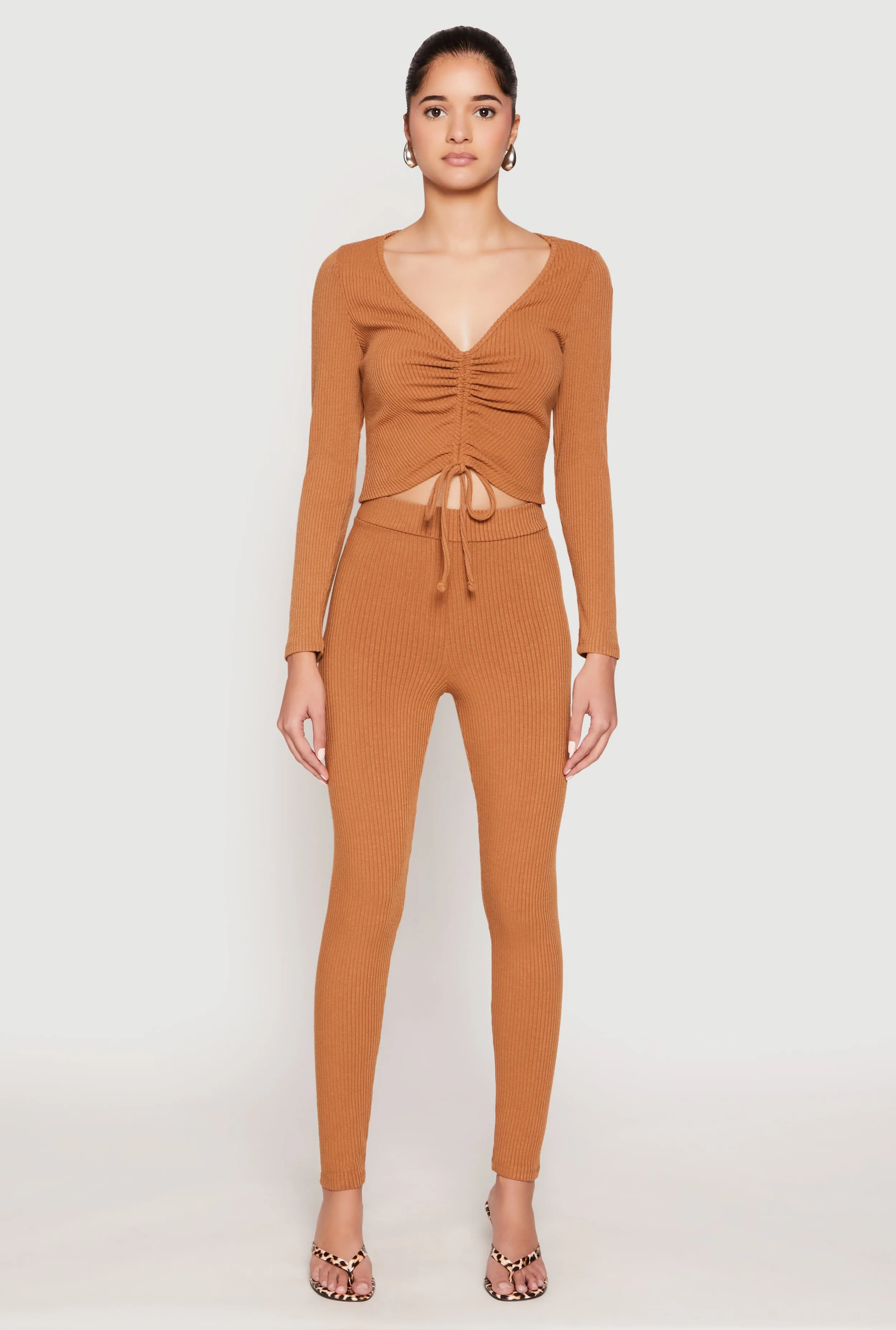 Rib Knit Drawstring Front Ruched Crop Top sold by Rainbow product image thumbnail 2