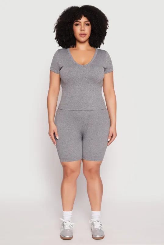 Plus Size Seamless V Neck Top and Biker Shorts Set sold by Rainbow