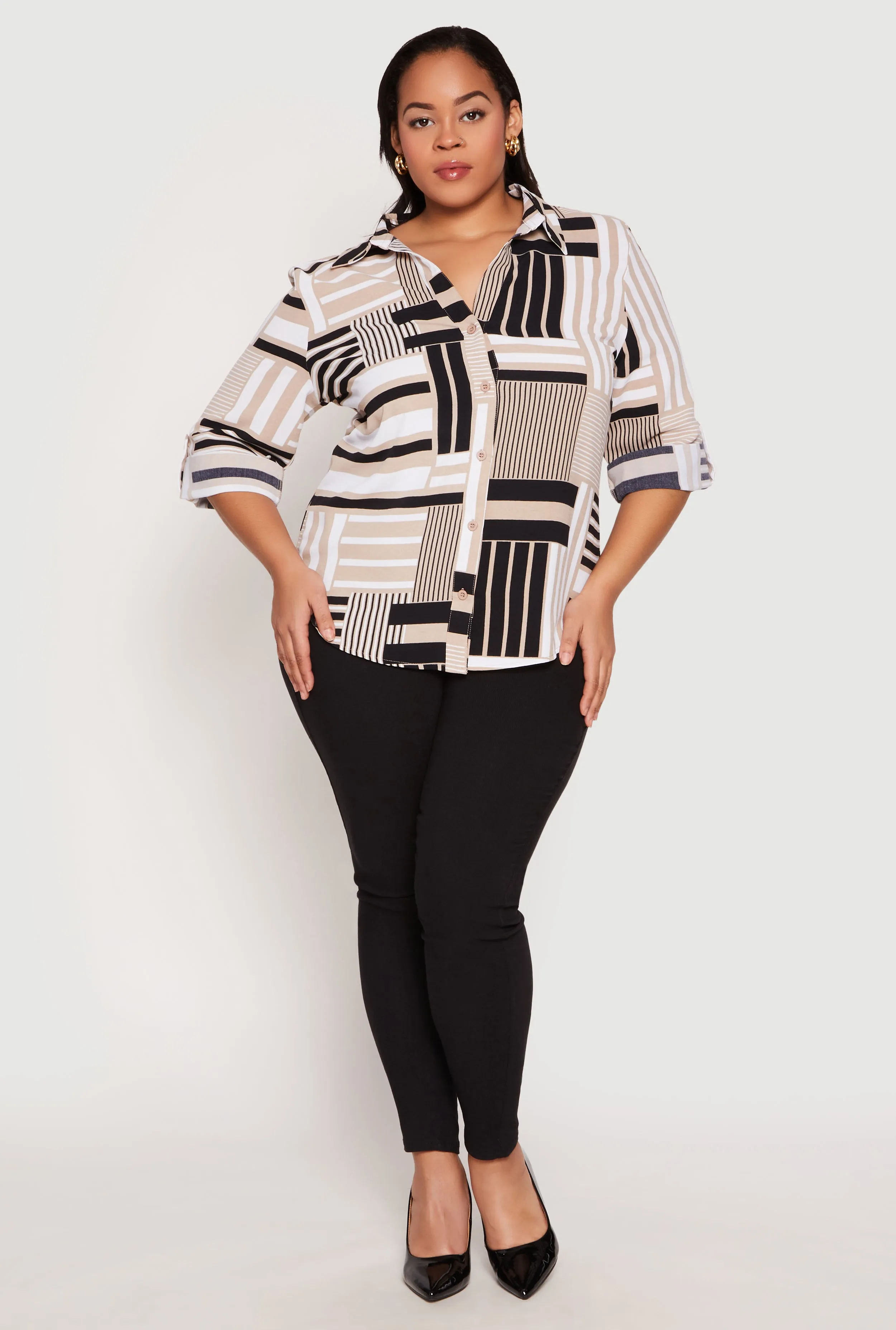 Plus Size Abstract Striped Button Front Shirt sold by Rainbow