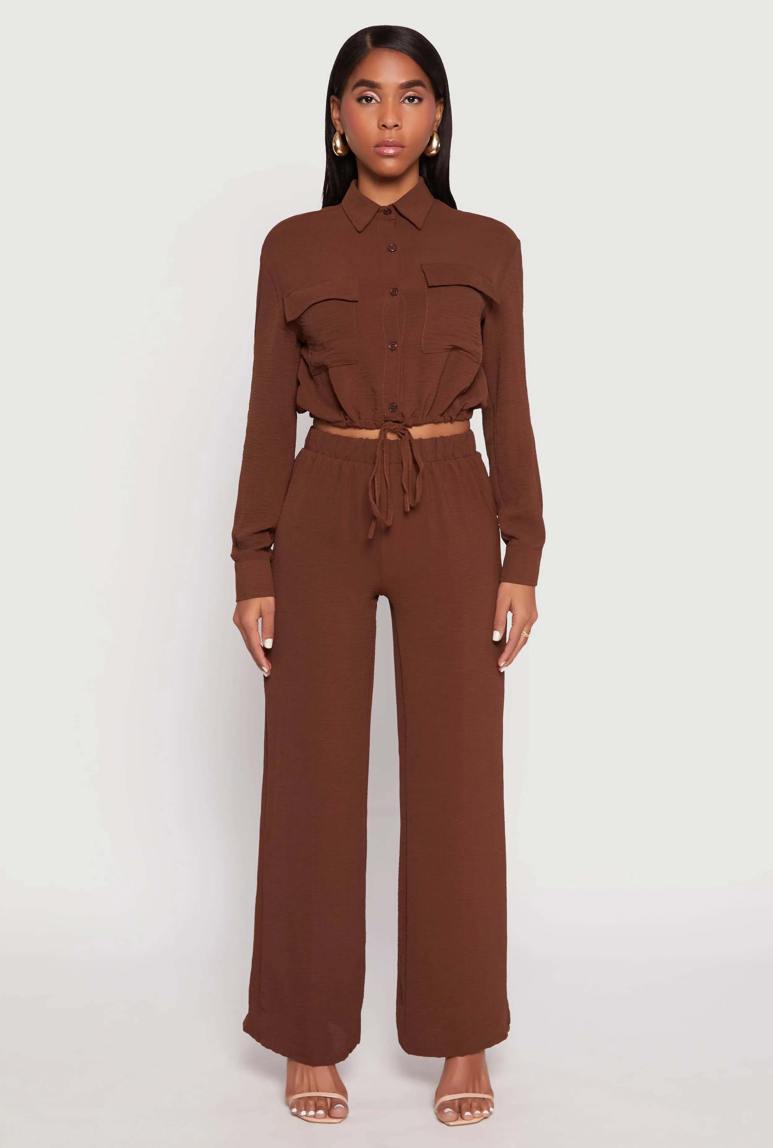 Crepe Knit Drawstring Crop Top and Wide Leg Pants sold by Rainbow