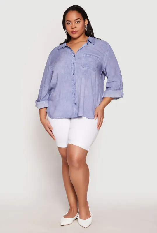 Plus Size Acid Wash Button Front Shirt sold by Rainbow